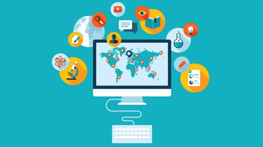 image showing a computer and many icons showing how you can learn many things from technology